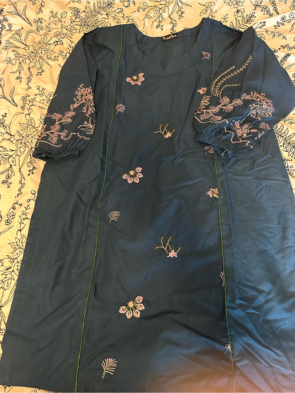 Embroidered Teal Floral Shift Dress